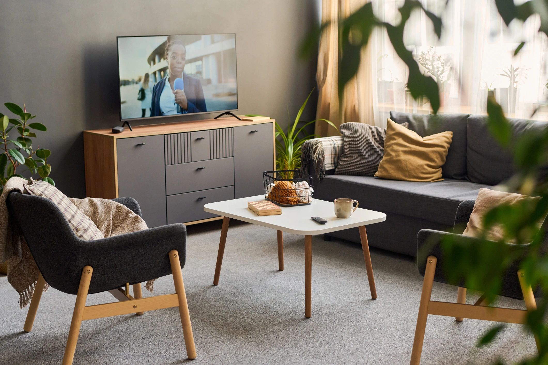 Modern interior with television display for business entertainment services