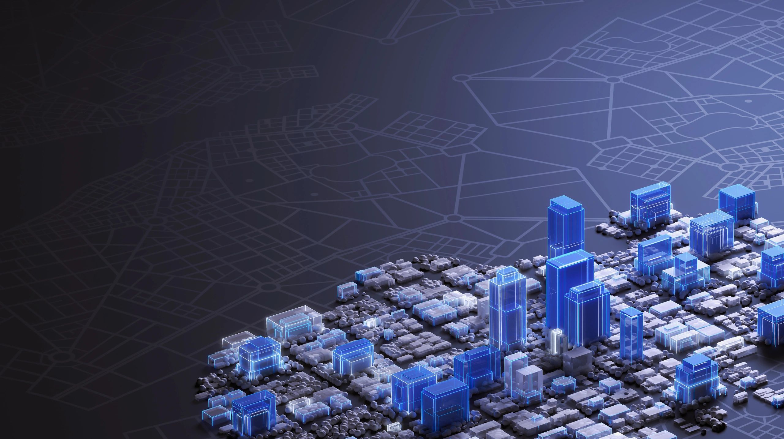 Abstract enterprise network visualization with illuminated buildings and digital connectivity